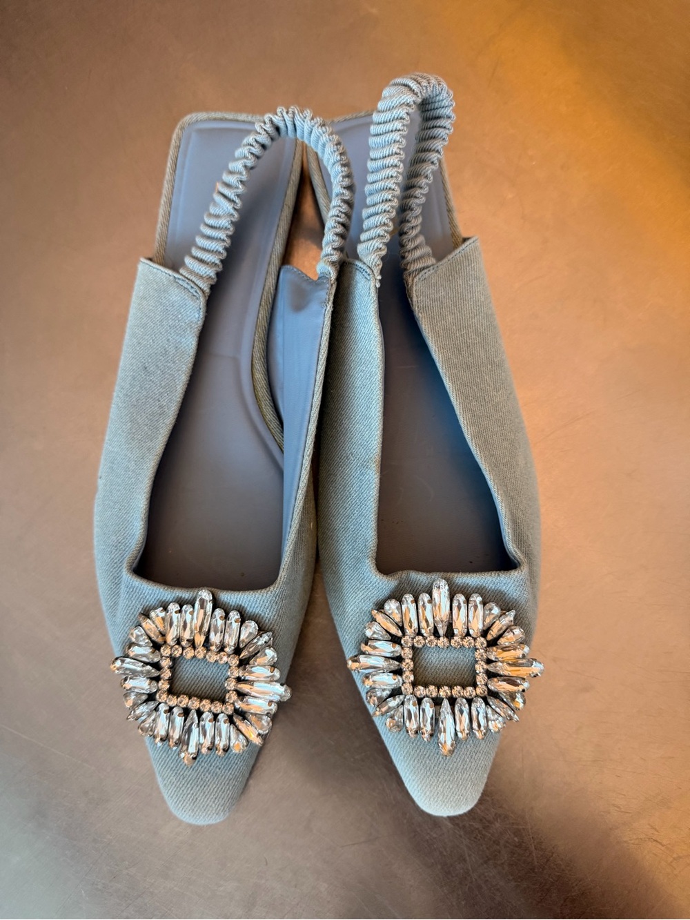 Zara Light Denim Crystal-Embellished Slingback Flats